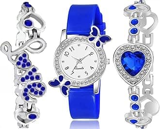 Acnos® Premium White Dial Diamond Pink Analog Watch Love Heart Diamond Bracelet for Girls Best Design Butterfly Combo 3 Pack of 3