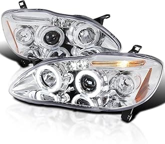 SPEC-D TUNING Dual Halo LED Chrome Housing Clear Lens Projector Headlights Compatible with 2003-2008 Toyota Corolla, Left + Right Pair Headlamps Assembly