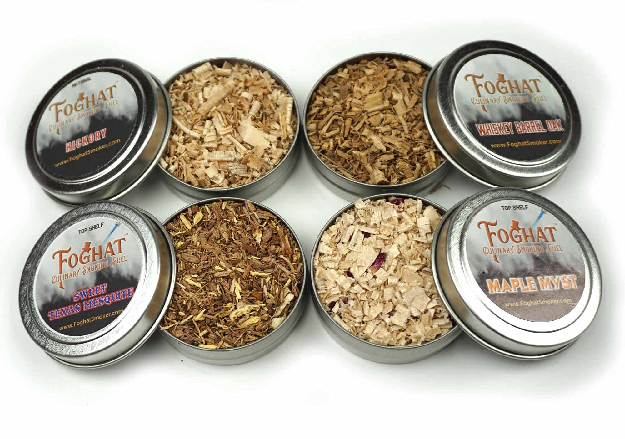 Fuel Sampler Four Pack | Whiskey Barrel Oak, Old Hickory, Sweet Texas Mesquite, Maple Myst Wood Shavings, 4 x 1oz | and Culinary Wood Chips for Smoking