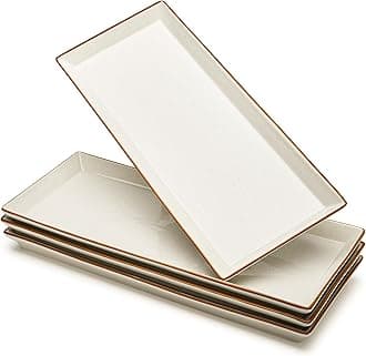 Sweese Rectangular Porcelain Platters, Vanilla White with Brown Trim, Serving Trays for Parties, 13.8 Inch Large Serving Dishes for Steak, Taco, Sushi, Appetizer - Dishwasher & Oven Safe - Set of 4