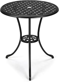 24" Outdoor Round Patio Bistro Table, Cast Aluminum Outdoor Cafe Table with 2 inch Umbrella Hole for Porch,Backyard,Garden, (Classic Square Pattern, Black)