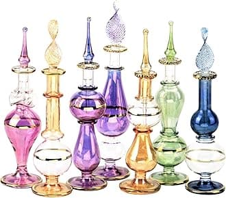 NileCart Egyptian Perfume Bottles Set Of 12 Size 4” Hand Blown Decorative Bottles With Handmade Golden Egyptian Decoration for Perfumes & Essential Oils.