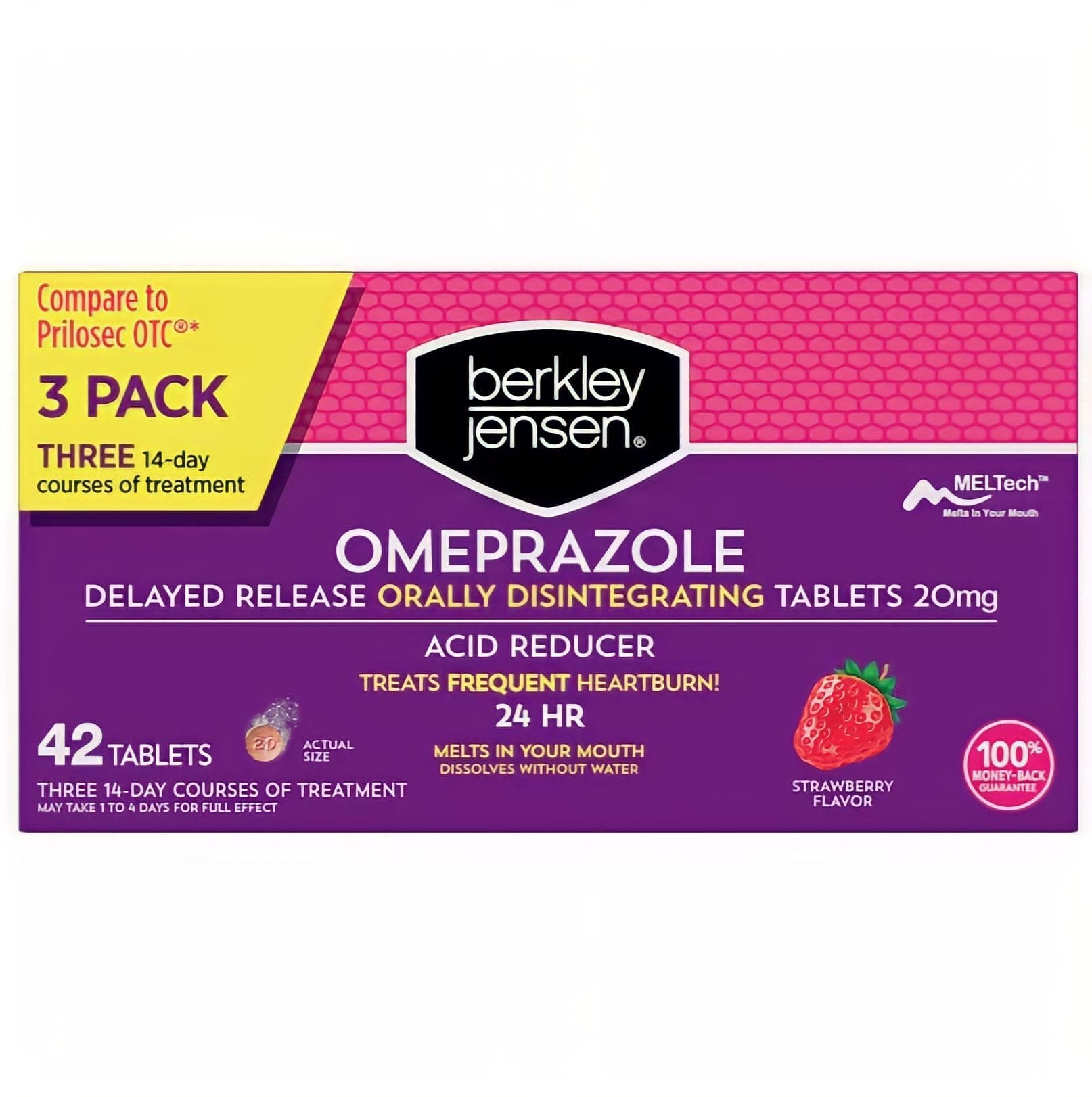 Berkley Jensen Omeprazole 20 mg, Delayed Release Dissolving Acid Reducer Pills - 3 x 14-Day Regimen, 24-Hour Effect - Heartburn Relief, Eases Acid Reflux - Strawberry Flavor 42-Count