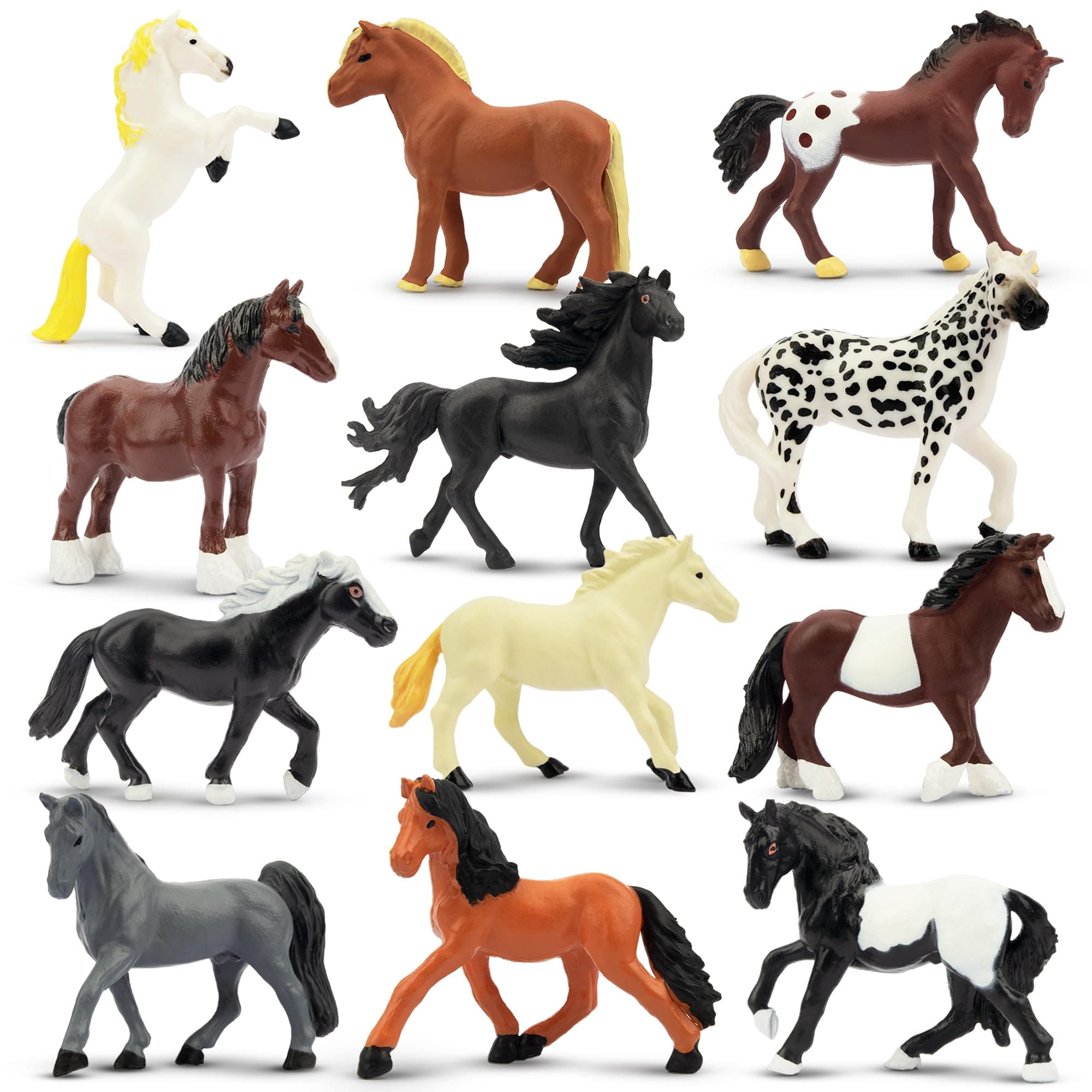 Toymany 12PCS 2-3" Tiny Horse Figurines Toy Set, Plastic Pony Small Foal Figures, Easter Eggs Birthday Gift Cupcake Horse Cake Topper for Kids Toddlers