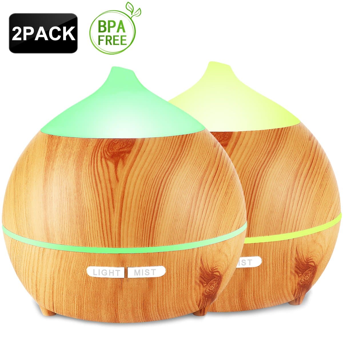 Oil Diffuser, Avaspot 2 Pack 250ml Wood Grain Essential Oil Diffuser, Cool Mist Ultrasonic Aromatherapy Diffuser, 7 LED Light Aroma Diffuser Auto-off Humidifier, Adjustable Mist Mode for Home, Office