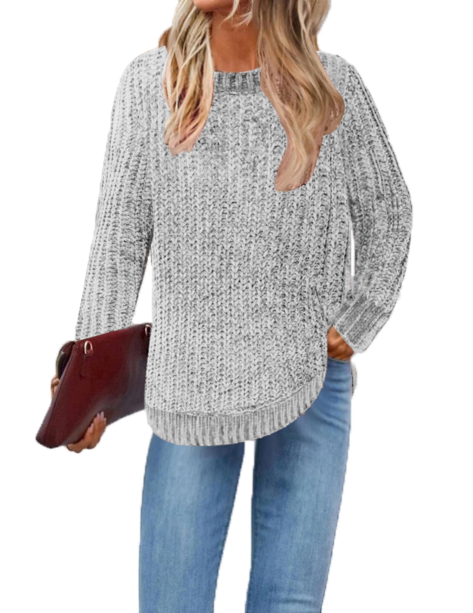 Chigant Womens Chenille Sweaters Long Sleeve Pullover Jumper Round Neck Jumper Tops S-XXL