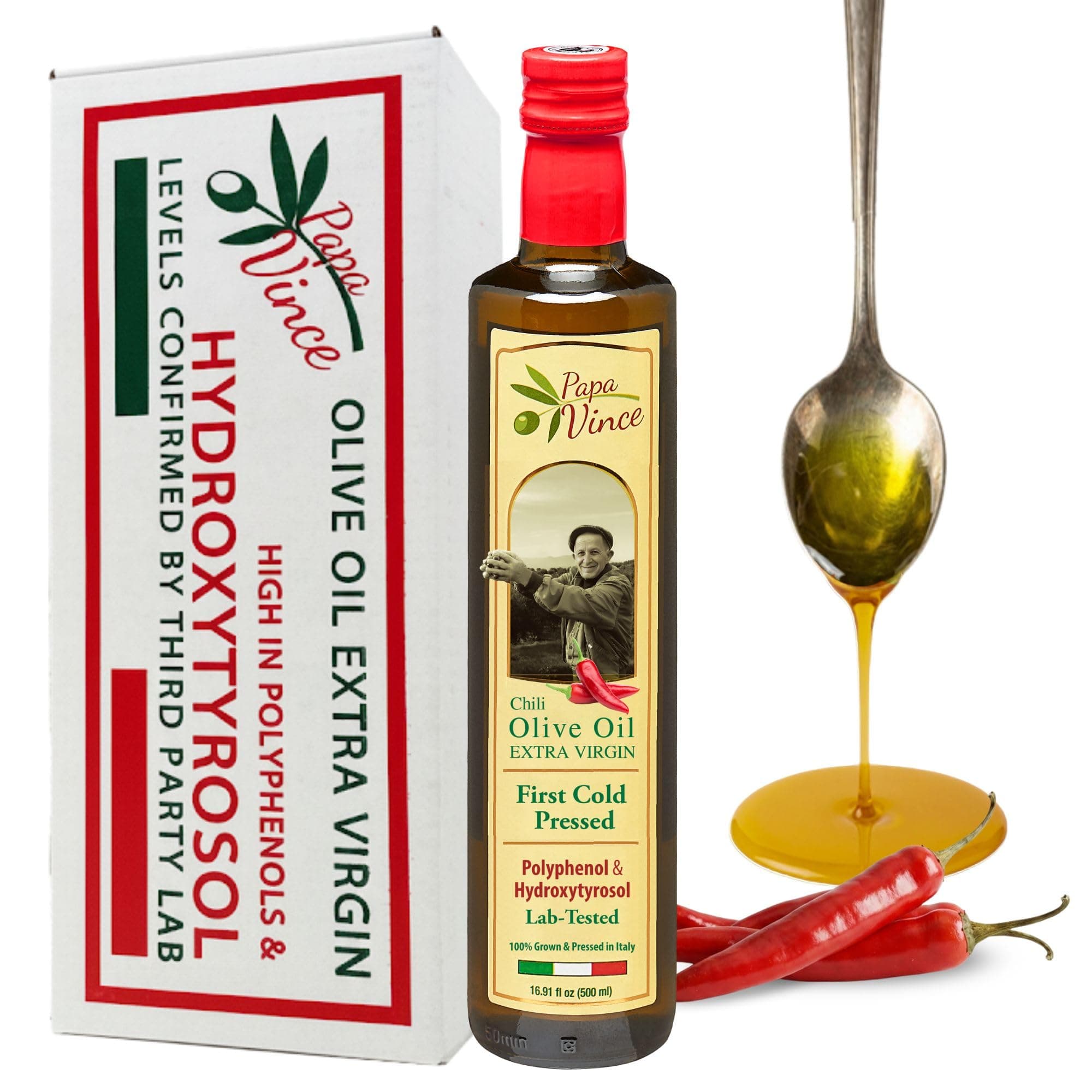 Olive Oil Extra Virgin - First Cold Pressed, Polyphenol Rich Olive Oil (EVOO). Chili Pepper Agrumato, Unfiltered, Single Sourced, Glass Bottle, Family made, Sicily, Italy