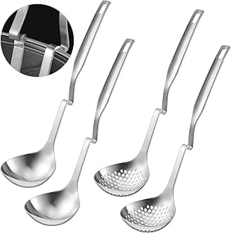 Patelai Hot Pot Slotted Ladle Set Stainless Steel Soup Ladle Strainer Scoops Cooking Skimmer Cookware Utensil for Hotpot Scooping Sauce Serving, 12 Inch(4 Pcs,Silver)