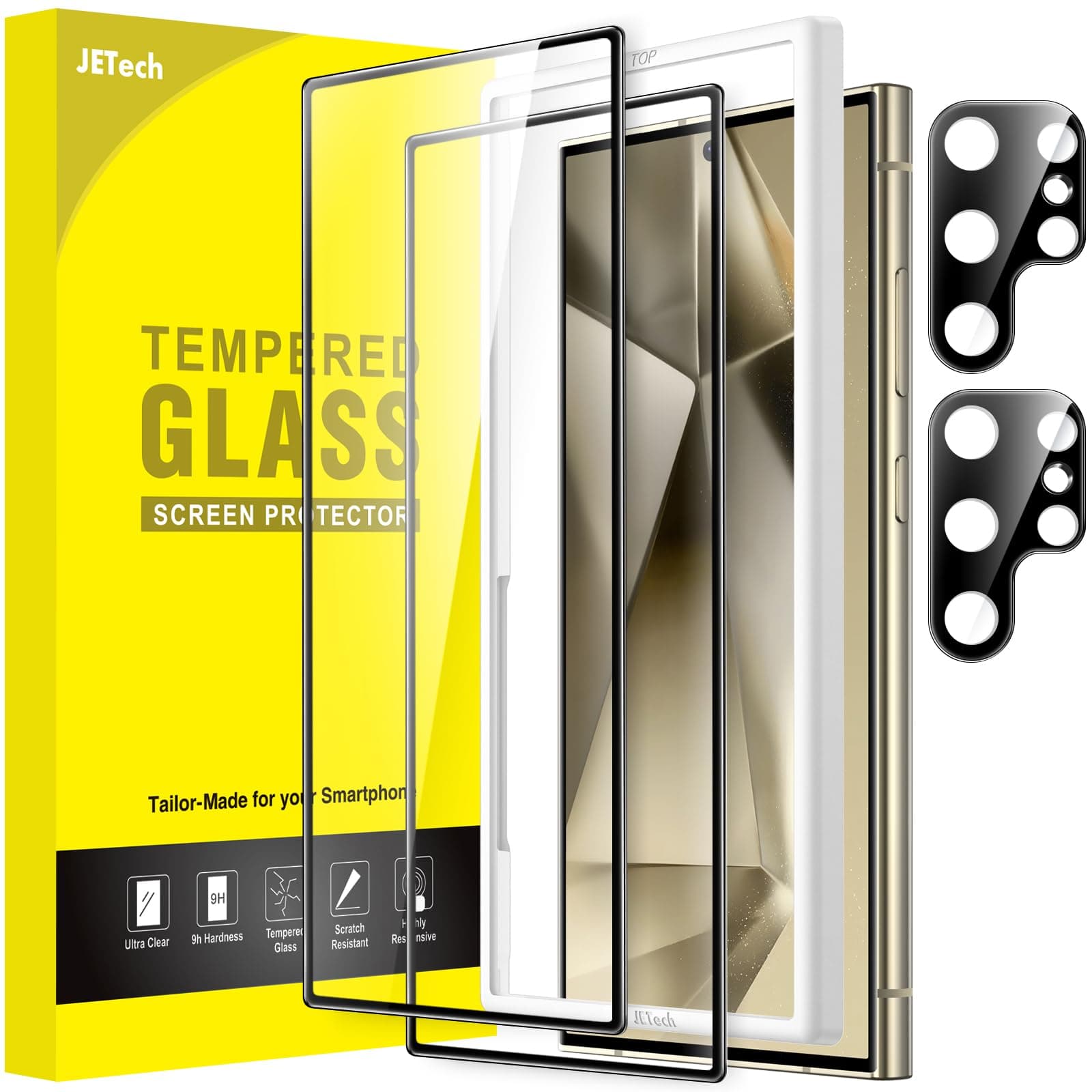 Screen Protector for Samsung Galaxy S24 Ultra 5G 6.8-Inch with Camera Lens Protector, Tempered Glass Film, Easy Installation Tool, Fingerprint ID Compatible, HD Clear, 2-Pack Each