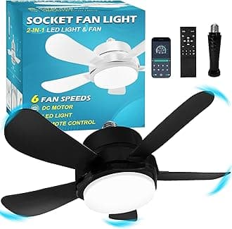 Socket Fan Light With Remote, Screw Ceiling Fans with Lights, 5 Reversible Blades, Quiet 6-Speed DC Motor, Dimmable Socket Fan for Garage Bathroom Kitchen, 6000 Kelvins As Seen On TV (White) (Black)