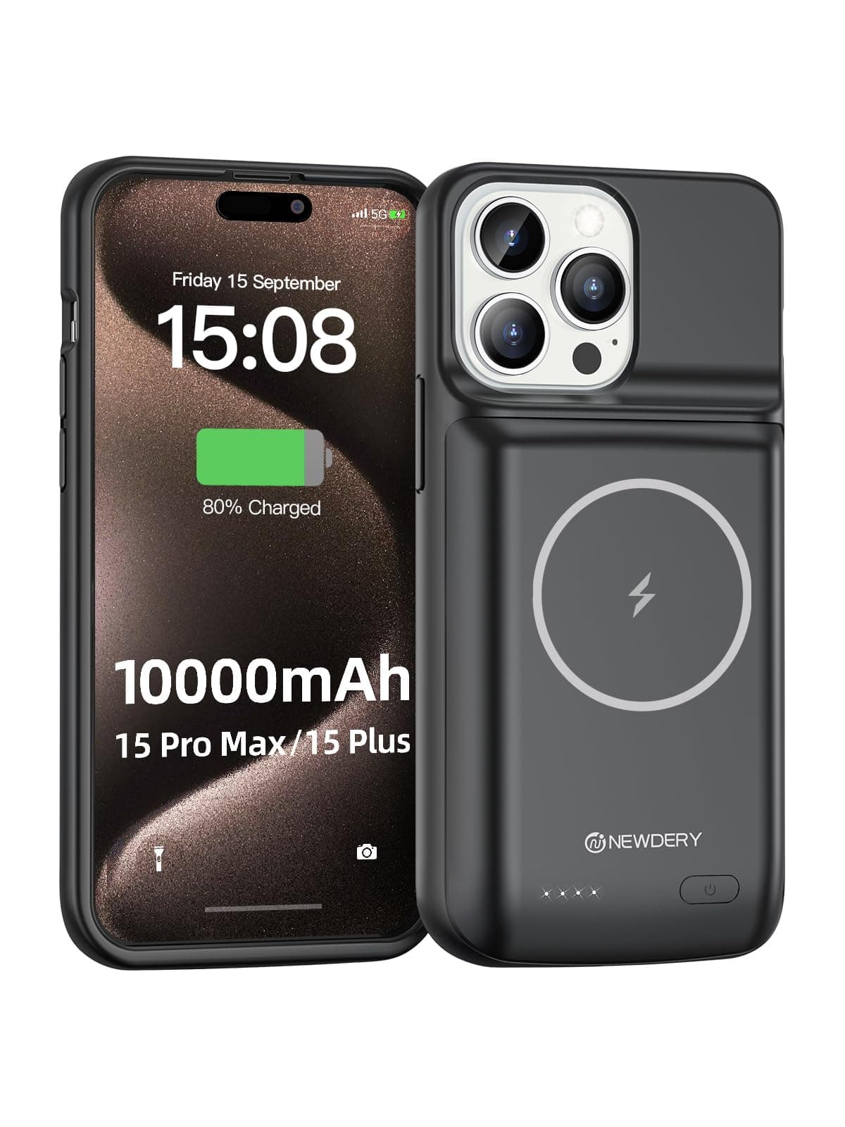 NEWDERY 10000mAh Battery Case for iPhone 15 Pro Max/Plus, USB C Qi Wireless Charging,Portable Protective Charger Case Battery Pack