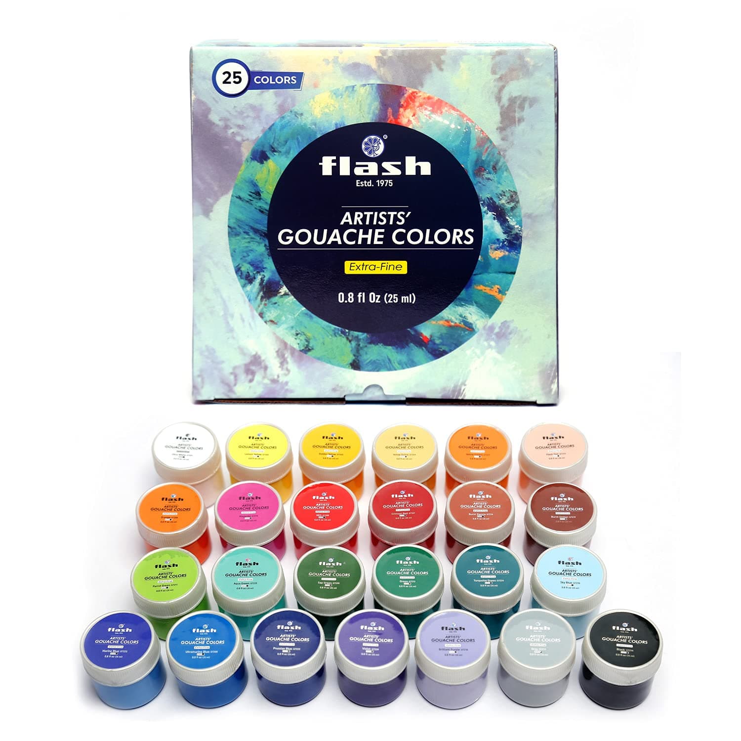 Flash Gouache Paint Set combo Pack with Brush & Pallete| 25 Colors | 25 ml, 0.8 fl oz Each | Matt Finish | Rich Pigments Vibrant Non Toxic Paints for Professional Artists Hobby Painters & Kids (Set of 25 Colours)
