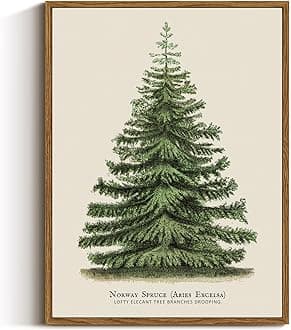 Framed Canvas Wall Art, Vintage Christmas Decor, Living Room Botanical Fir Pine Tree Winter Decor for Bedroom Bathroom, Xmas Holiday Decorations Gifts, 12x16 Inch