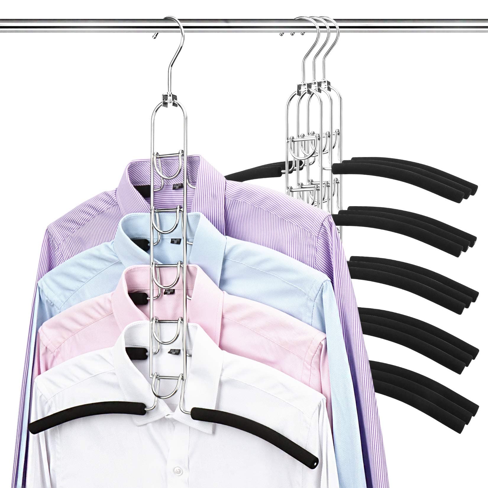 4 PACK Multi Layers Clothes Hangers- 5 in 1 Anti-slip Coat Hangers Sponge Metal Wardrobe Storage Rack Space Saving Organizer for Jacket Coat Sweater Trousers Shirt T-Shirt Hanger