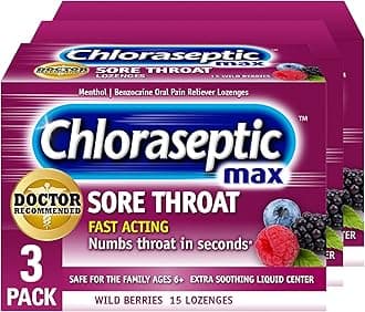 Chloraseptic Max Strength Sore Throat Relief Lozenges, Wild Berry, Drops with Liquid Center to Numb Sore Throat, 15 Count, Pack of 3