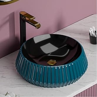 BASSINO 16x16x5.5 Inches Ceramic Table Top Wash Basin/10 Years Glazing Warranty/Black & Blue Basin for Bathroom/Round Shape Countertop Washbasin for Dining Hall/Living Room/Home(Glossy Finish)