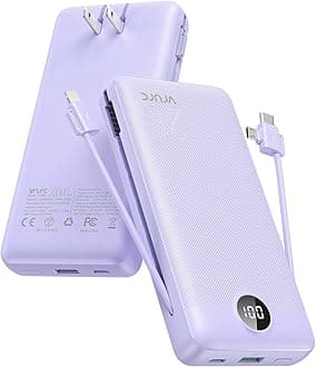 - VRURC Portable Charger 20000mAh, Fast Charging Power Bank USB C,4 Output 2 Input Travel Essentials Charging Bank Equipped with LED Display,Built-in Wall Plug and Cables,Phone Charger Battery,Purple