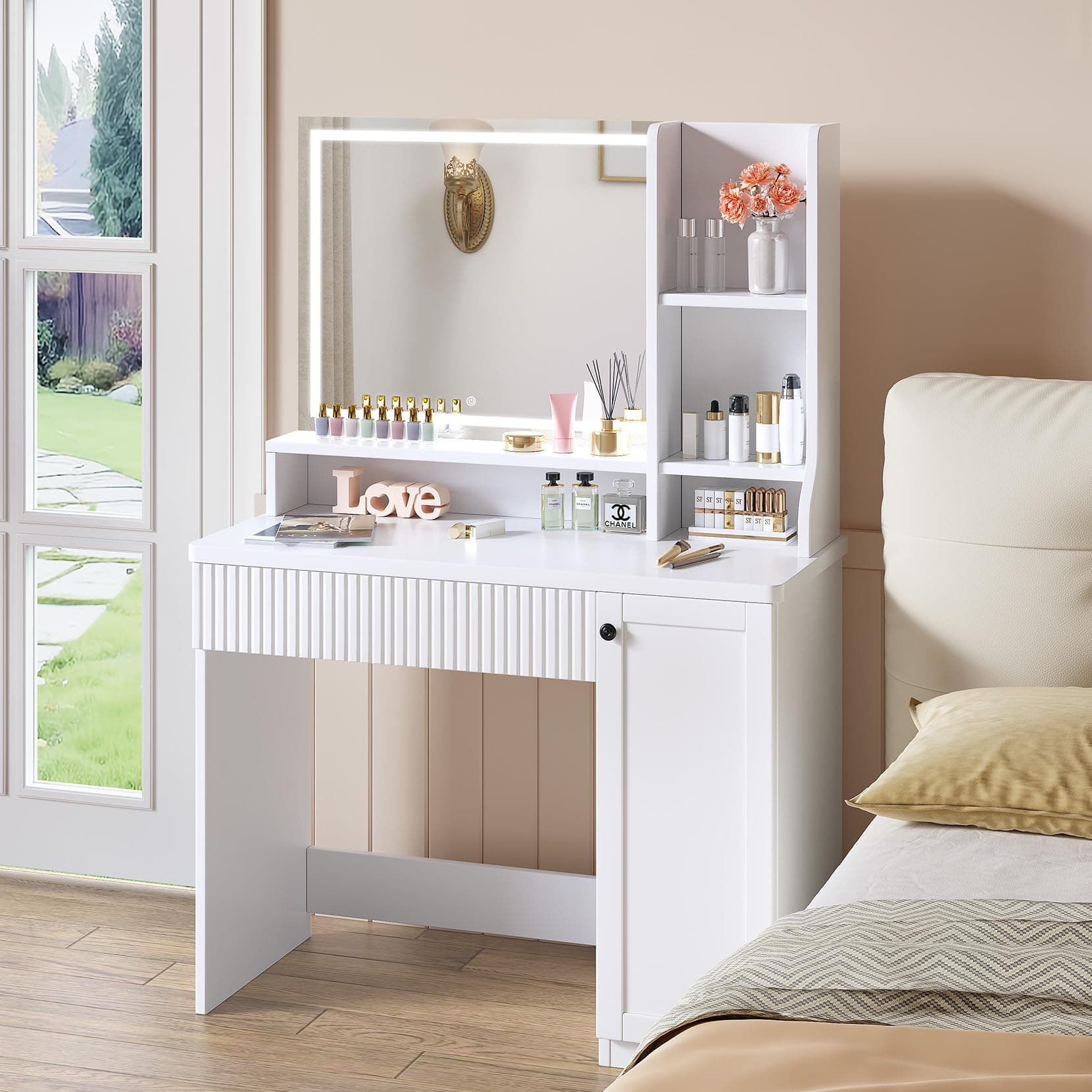 Dripex Dressing Table with Mirror and Drawers, Vanity Desk Makeup Desk Vanity Makeup Desk Shelves Storage Cabinet Writing Adjustable Brightness Cosmetic Bedroom Dresser Furniture (White)