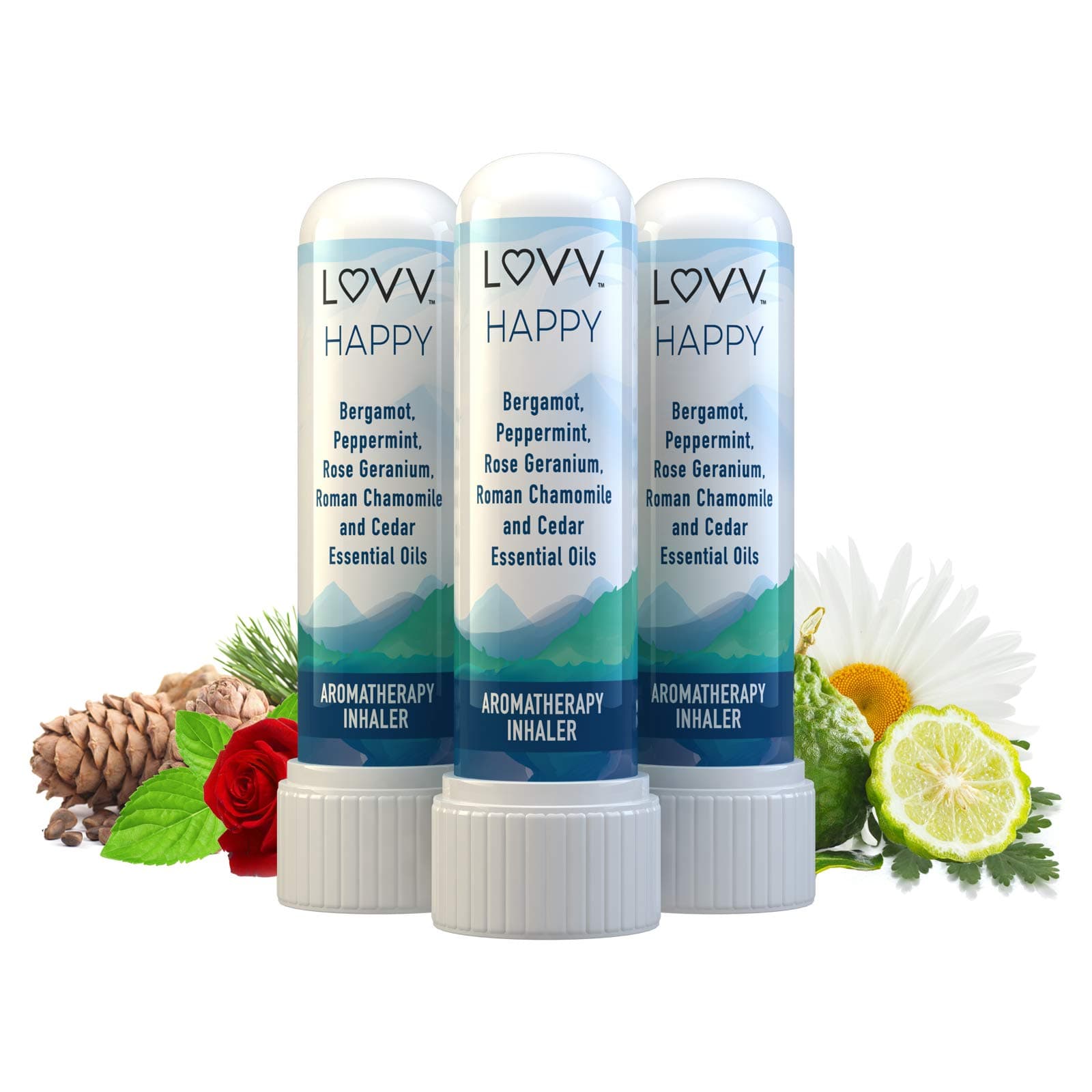 Portable Aromatherapy Nasal Inhaler - Personal Pocket Essential Oil Diffuser - Mini Container for Easy Travel - Set of 3 (HAPPY, 3-Pack)