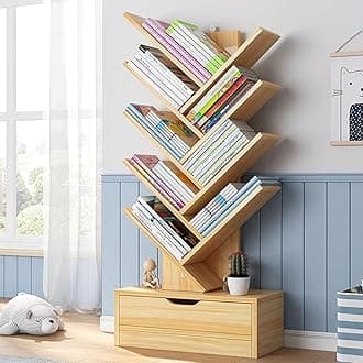 MostNow Tree Shaped Bookshelf for Narrow Space Open Shelf Bookcase with Storage Cabinet Floor Standing Office Book Display Stand for Books, CDs, Vinyl Records (Walnut wood color)