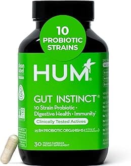 HUM Gut Instinct Daily Probiotics for Women and Men, Digestive Health, Lactobacillus, Bifidobacterium Strains for Immune Support, Probiotic Supplement for Healthy Gut Diversity, 30 Capsules