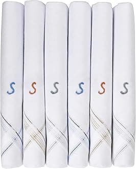 [Caruso Italy] Men's Initial Monogram Embroidery 100% Pure Cotton Handkerchief White Base with Colored Border - 6 Pack 46x46 cm