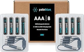 paleblue USB Rechargeable AAA Lithium Batteries, 1 Hour Charge Time, Recharge Over 1000 Times, 600 mAh, 4-in-1 USB-A to USB-C Charging Cable, 8 Pack