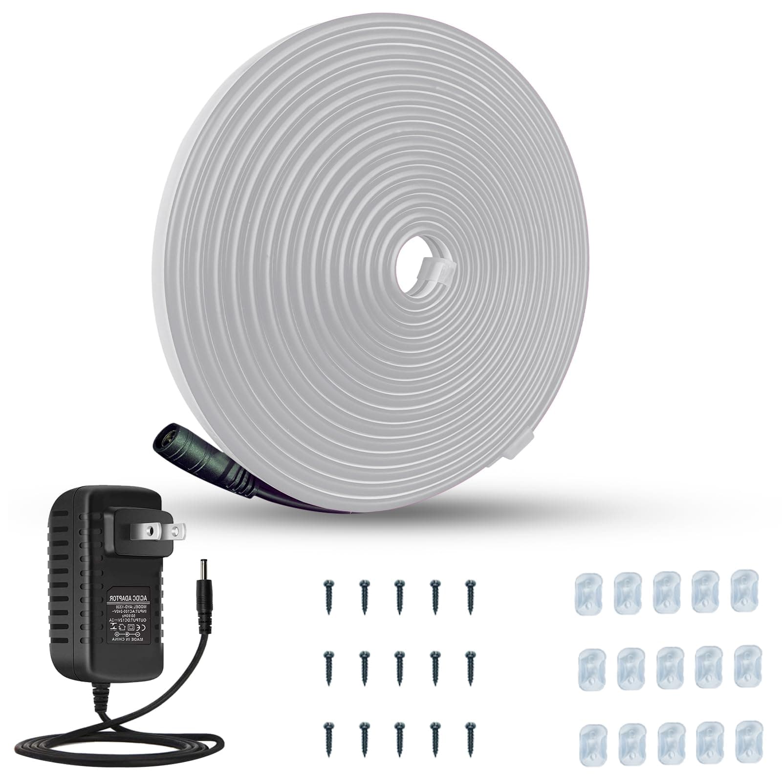 JO.KO LED Silicone Neon Light Strip, Neon Rope Light 12v 16.4 Ft/5m Waterproof DIY Cuttable Outdoor Neon Lights (Power Adapter Included)(White)