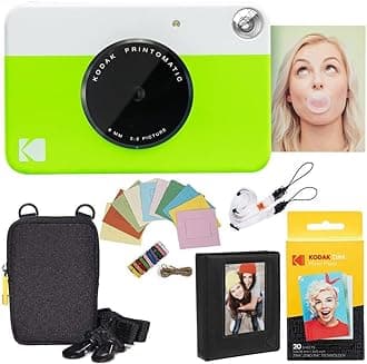 Kodak Printomatic Instant Camera Bundle (Green) Zink Paper (20 Sheets) - Case - Photo Album - Hanging Frames.