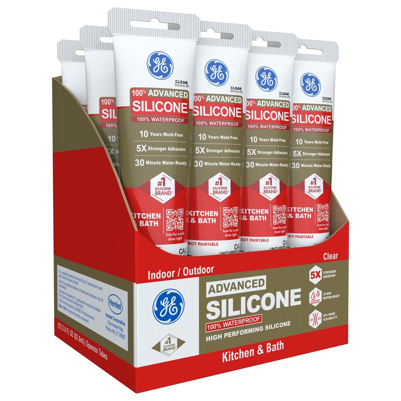 GE Advanced Silicone Caulk for Kitchen & Bathroom, Clear, 2.8 fl oz Tube, 12 Pack - 100% Waterproof Silicone Sealant, 5X Stronger Adhesion, Shrink & Crack Proof