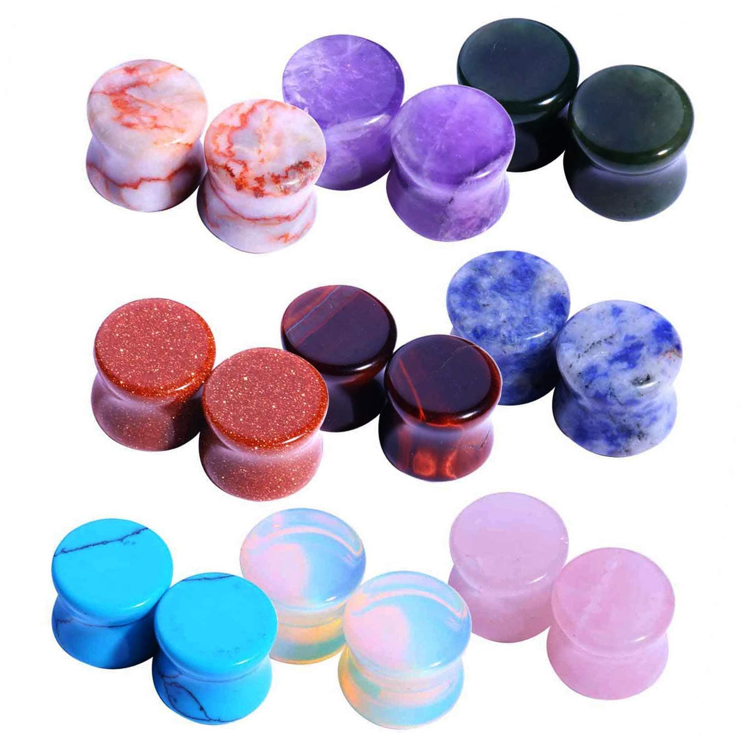 18PC Body Piercing Stone Plugs - Ear Stretching Kit - Beginners 8G-00G, Big Gauges 11mm-24mm (1 Inch) - Saddle Double Flared Tunnels Expander Earrings - Men Women Unisex Jewelry