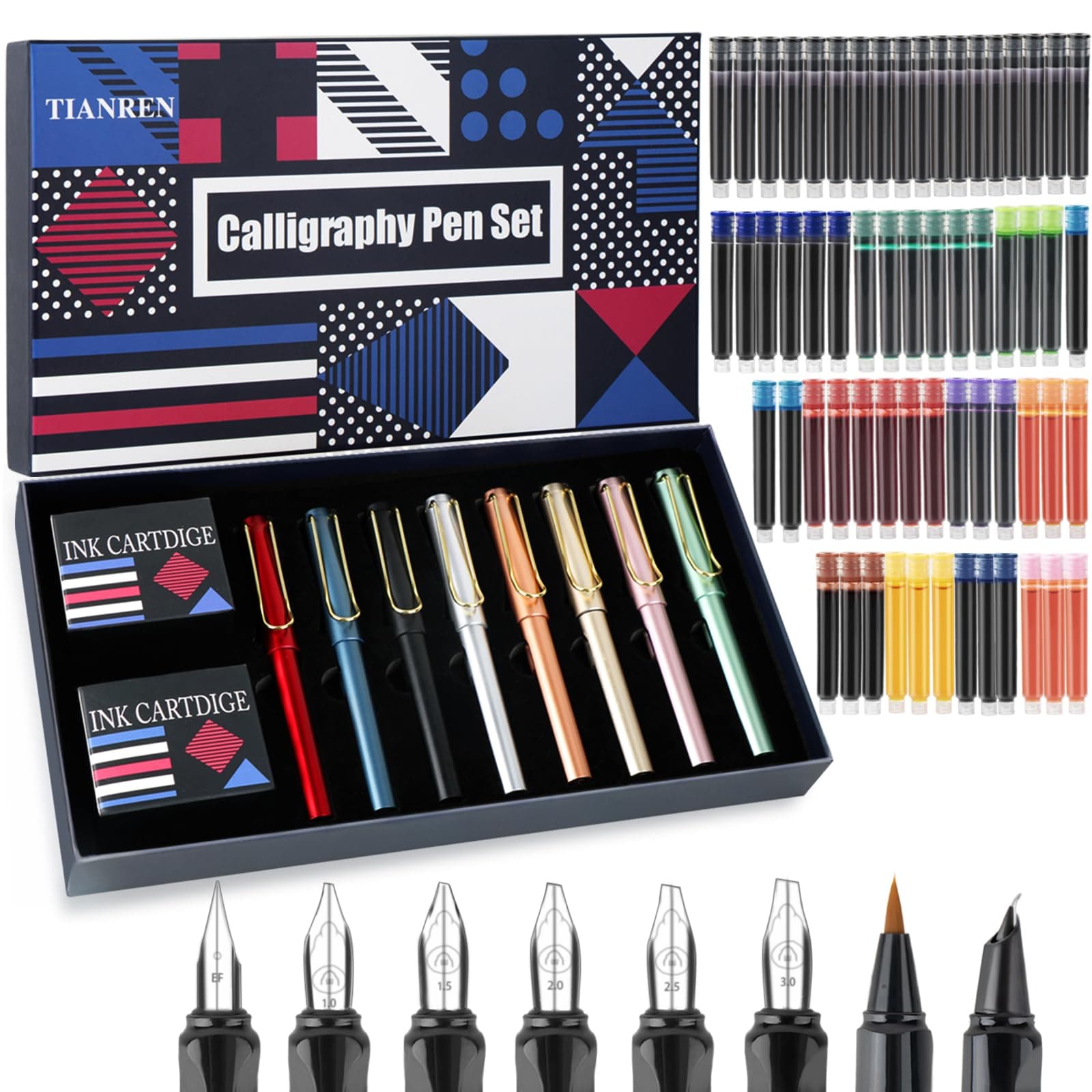 Calligraphy Pen set,Fountain Pens with 8 Different Replaceable Nibs with 60 Ink Cartridges(12 Colors),Calligraphy set for Beginner Writing Drawing.