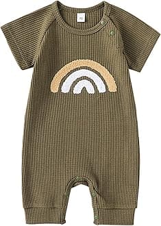 Infant Toddler Boys Girls Short Sleeve Romper Rainbow Prints Ribbed Summer Bodysuits Dress Outfit 6 Months