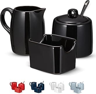 Kook Sugar and Creamer Set, 3 Piece, Pitcher, Sugar Bowl with Lid and Spoon, Sweetener Holder, Black