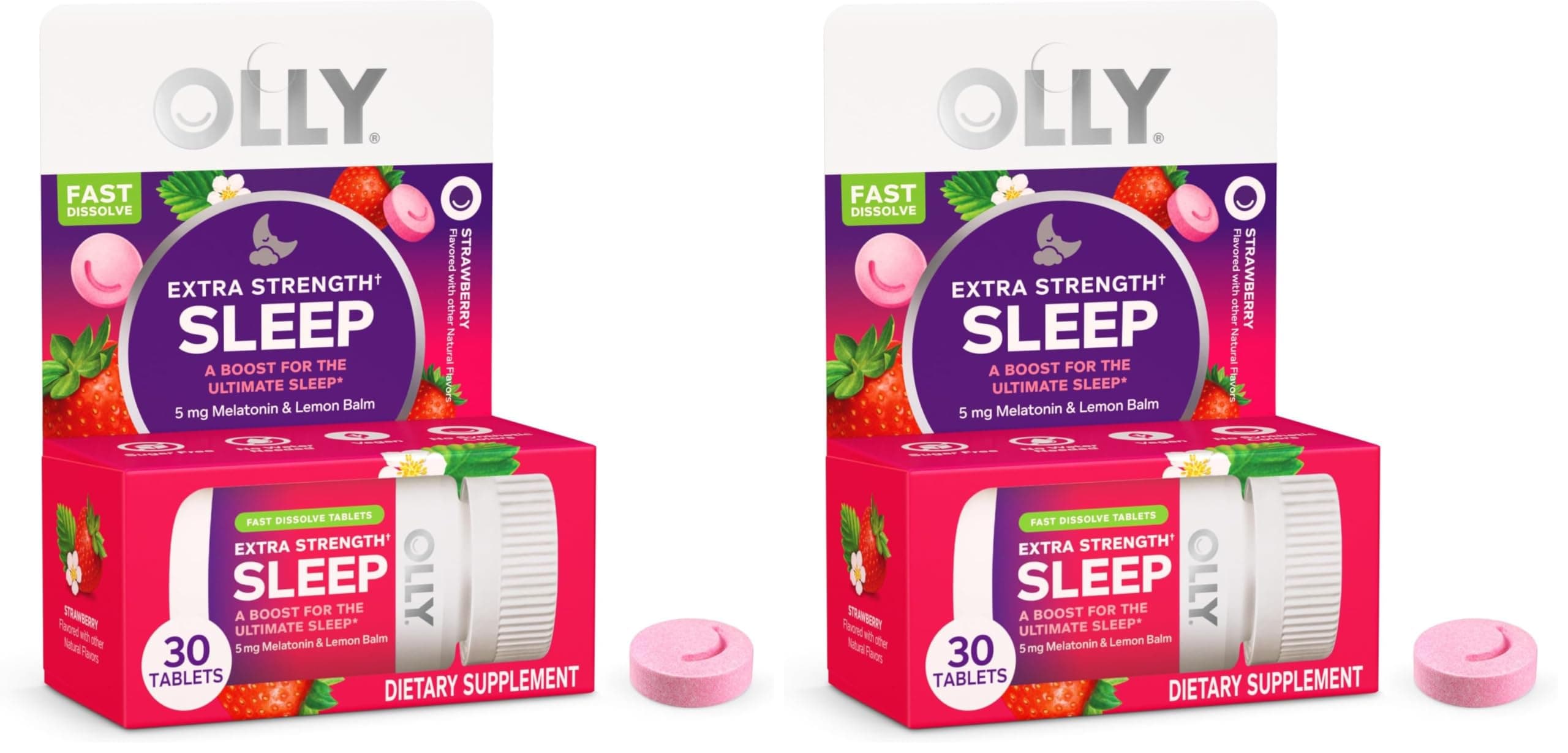 OLLY Extra Strength Sleep Fast Dissolve Tablets, 5mg Melatonin, Vegan, Strawberry - 30ct (Pack of 2)
