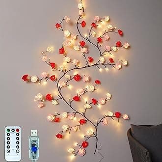 Rose LED Tree Branch Lights for Wall, Rose Flower Willow Vine Twig Decor Garland with 48 LED Lights and Remote,8 Lighting Modes,Christmas Decorations Indoor for Home Wall Door Window (47inch)