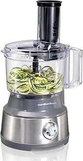 Hamilton Beach Food Processor & Vegetable Chopper for Slicing, Shredding, Mincing, and Puree, 10 Cups + Veggie Spiralizer makes Zoodles and Ribbons, Grey and Stainless Steel (70735)