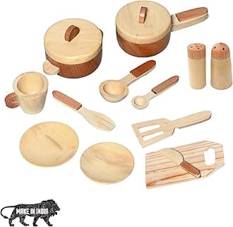 Wooden Kitchen Set Toy Natural Cooking Sets Pretend Play Toys for Little Boys and Girls and Kids Age 3+ (Premium)