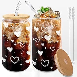 Glass Cups with Lids and Straws, 2 Pack 16 oz Borosilicate Iced Coffee Tumblers, Bamboo Lids, Glass Straws, Matching Heart Drinkware for Couples and Best Friends, Valentines Day, Galentines Day