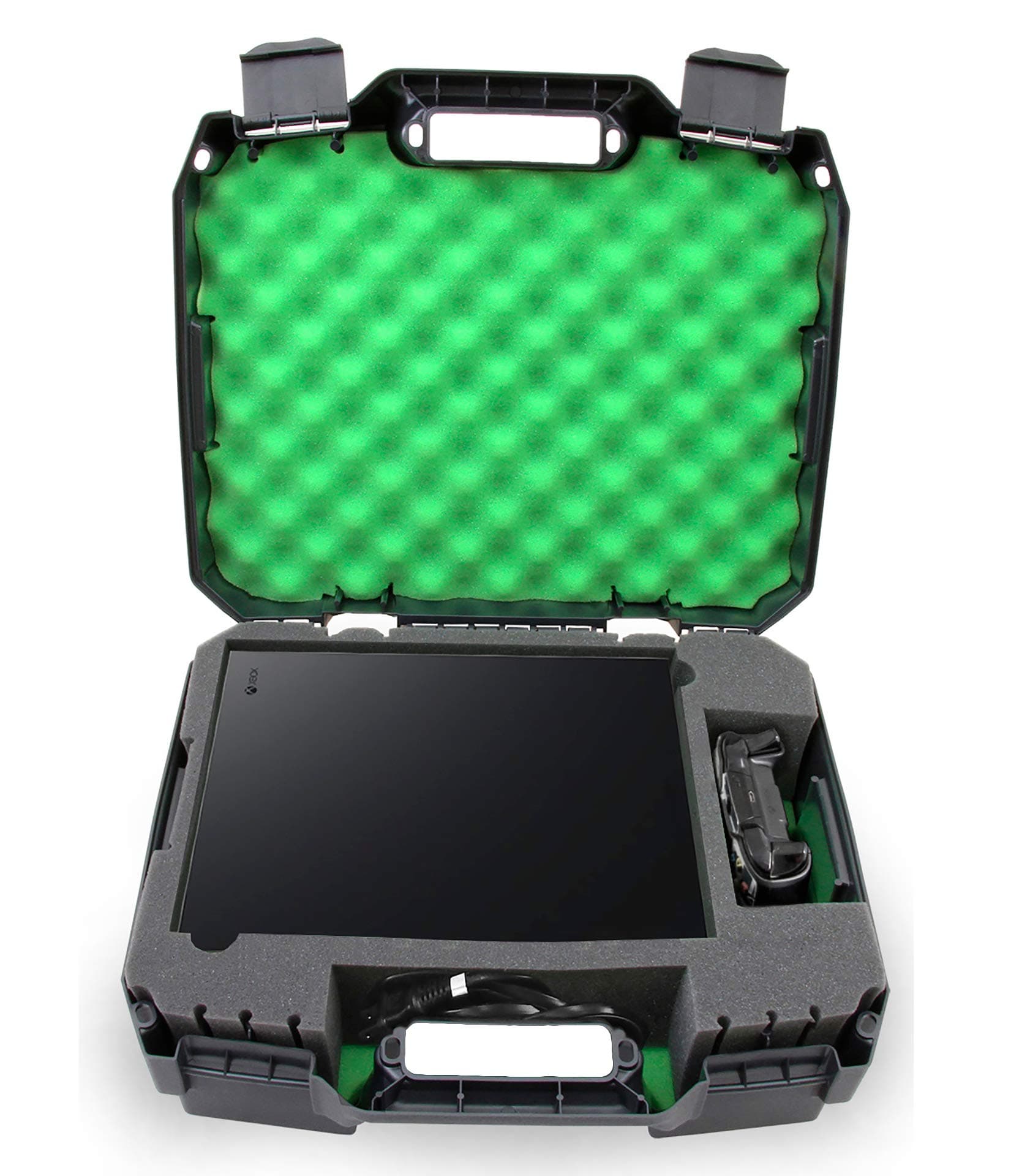 CASEMATIX Console Case Fits Xbox One X 1TB, Project Scorpion Edition, One X Controller, HDMI Cable, and Games - Designed for Gamers Who Travel - Impact Resistant Shell Green