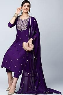 Women’s Cotton Blend Embroidered Kurta Set with Pant & Dupatta – Straight Calf‑Length, 3/4 Sleeve, Round Neck – Elegant Ethnic Attire (5 Colors, S–5XL)