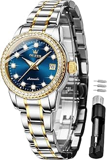 Ladies Diamond Watches Automatic Mechanical Luxury Dress Classic Self Winding Stainless Steel Wrist Watch for Women（Gold/Blue/Black/White Dial）