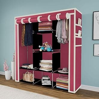 Collapsible Wardrobe Portable and Foldable Clothes Almira, 2 Hanging Space, 8 Shelves Non-Woven Fabric (Maroon, 88230)