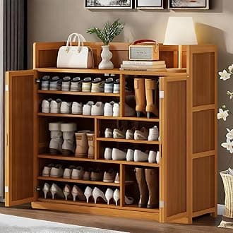 8 Tier Bamboo Shoe Storage Cabinet with Doors, 39-41 Pairs Shoe Rack for Closet, Freestanding Shoe Storage Cabinet for Hallway Living Room (Brown).