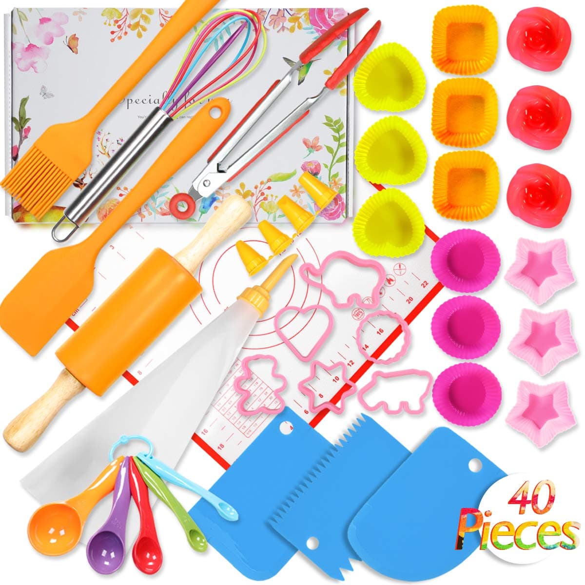 Kids Cooking and Baking Set 40 Pcs with Gift Box, Real Kitchen Utensils Kit for Children Toddlers Teens, Gift for Girls&Boys, Nonstick Rolling Pin Silicone Pastry Mat Cupcake Molds