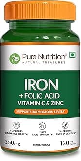 Pure Nutrition Iron Folic Acid Supplement - 120 Veg Tablets with Zinc, Vitamin C & Vitamin B12 for Men & Women | Supports Haemoglobin Production, Boosts Immunity & Maintains Iron Level