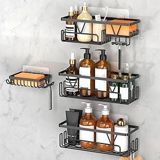 Kegii Shower Caddy with Soap Holder - Stick on Shower Organiser Stainless Steel No Drilling Self Adhesive Bathroom Shelf (4 Pieces, Black)