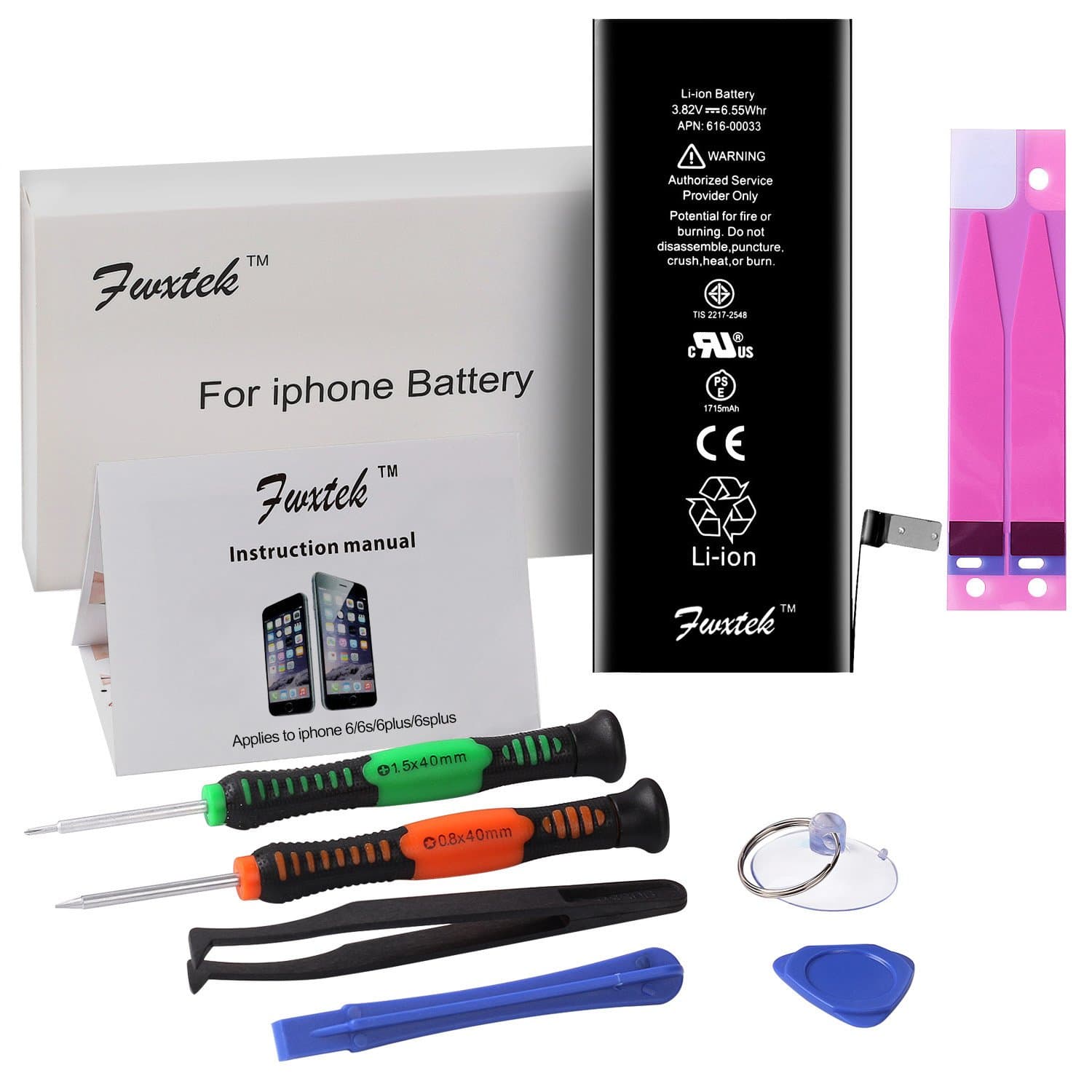 Battery Charger Internal Li-ion Replacement for iP 6S (Not 6 or 6S Plus) with Complete Repair Tools Kit and Instructions by Fwxtek - 2 Year Warranty