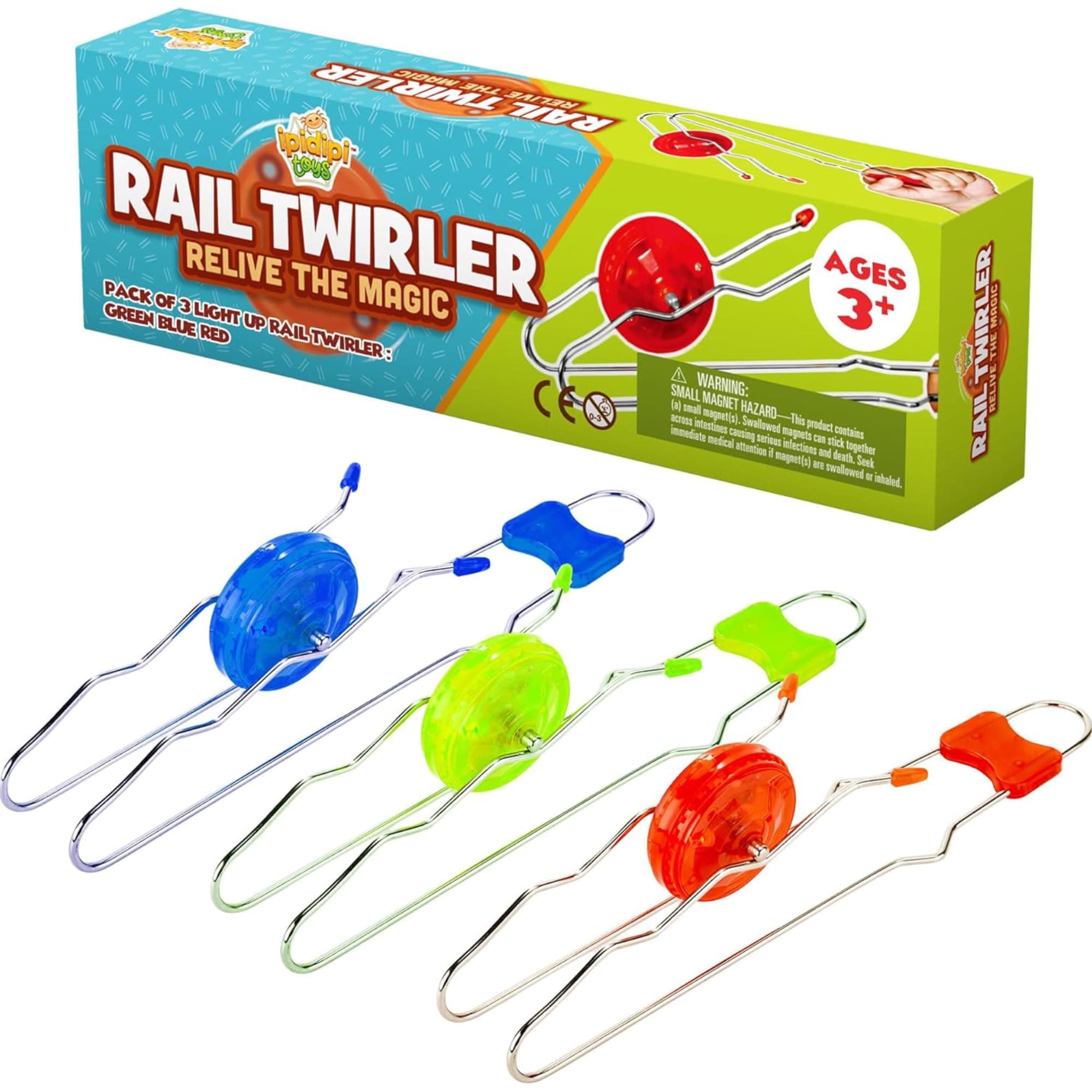Retro Magic Rail Twirler - 3 Pack - Light Up Magnetic Stocking Stuffers For Kids - Sensory Toy With Spinning Wheel and Flashing LEDs | Rail Twister Vintage Fidget Toy for Adults & Children | 3 Colors