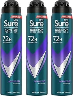 Sure Antiperspirant 72H Nonstop Sweat and Odour Protection Alcohol-Free Body Spray Anti-White Marks with Fresh and Sporty Scent Multi Fragrance Deodorant for Men, 250ml (Active Dry, Buy 3)